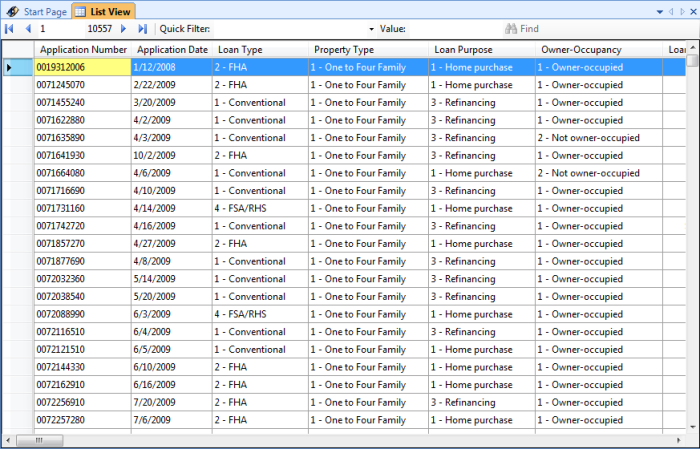 Comply list view showing many HMDA records with filtering, sorting and bulk edit