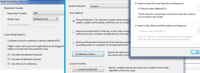 Comply Fair Lending model calculation options with dependent variable APR and multiple linear model type, residual and Cook's distance checkboxes, variable selection by forward selection, stepwise or backward elimination, and p-value to enter and stay thresholds