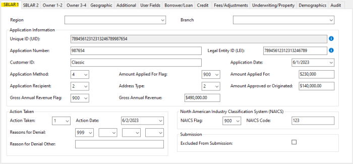 Comply SBL 1071 SBLAR 1 tab showing application number, LEI, amount applied for, gross annual revenue, NAICS code and action taken